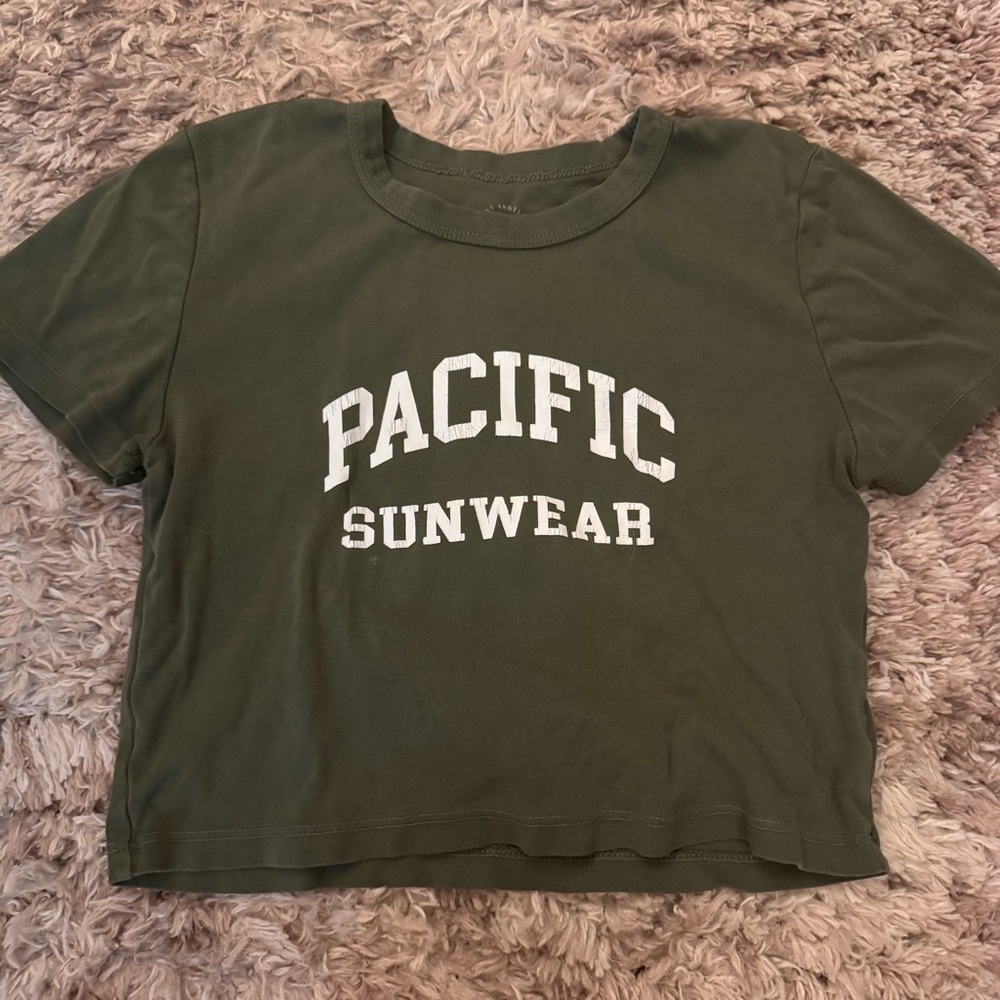 Pacific Sunwear Olive Green Cropped Tee with White Logo